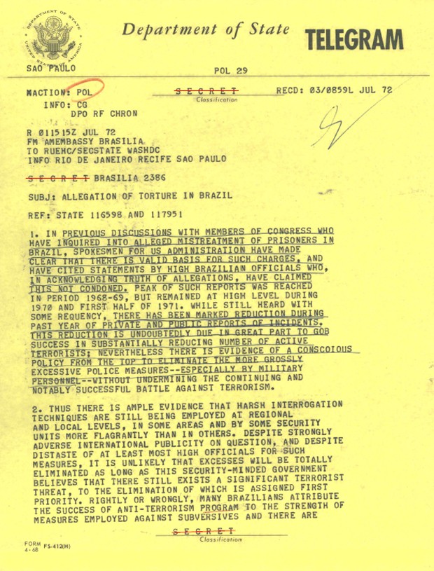 Telegrama da Embaixada de Brasília relata casos de tortura no Brasil (Foto: Reprodução/Department of State/Comissão da Verdade)