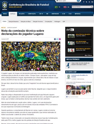 Reprodução site CBF sobre as declarações do zagueiro LUgano do Uruguai (Foto: Reprodução / Site Oficial da CBF)