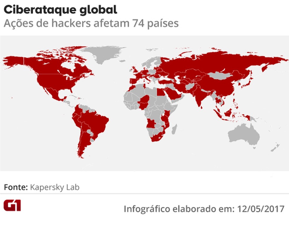 Mapa dos ciberataques ao redor do mundo (Foto: Editoria de arte/G1)