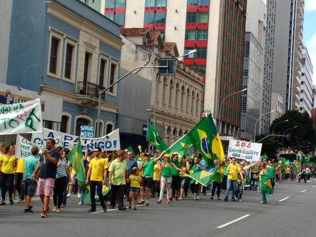 Vestidos de verde e amarelo, com faixas, cartazes e apitos, os manifestantes também demonstraram apoio às investigações da Operação Lava Jato (Foto: Ana Zimmerman/RPC)