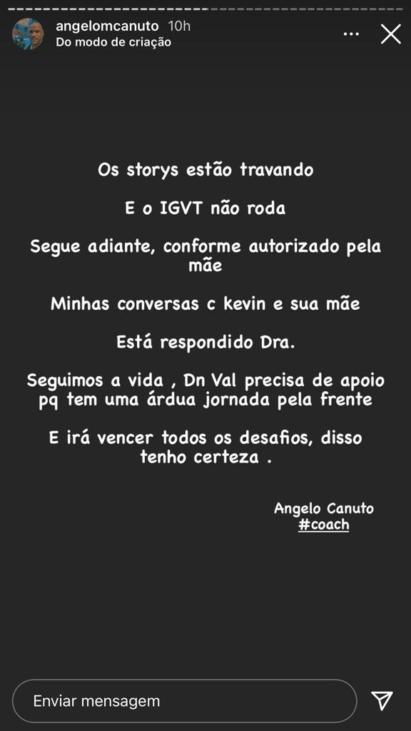 Angelo Canuto compartilha mensagens trocadas com Kevin (Foto: Reprodução/Instagram) Angelo Canuto compartilha mensagens trocadas com Kevin (Foto: Reprodução/Instagram)