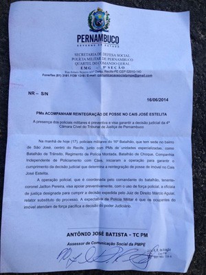 Nota da Secretaria de Defesa Social sobre a reintegração de posse no Cais José Estelita (Foto: Kety Marinho/TV Globo)