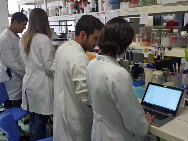 Estudantes envolvidos com projeto de droga do DF que altera interações do DNA e inibe evolução do câncer (Foto: Raquel Morais/G1)