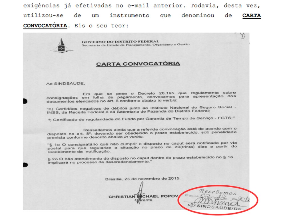 Trecho da denúncia do MP que mostra carta convocatória destinada ao Sindsaúde (Foto: Reprodução)