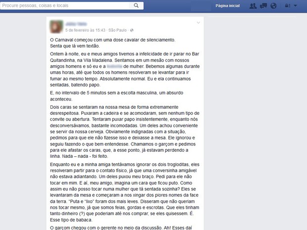 Jovem relata em rede social assédio e descaso que teria sofrido em bar de Pinheiros na quarta-feira (4) (Foto: Reprodução/Facebook)