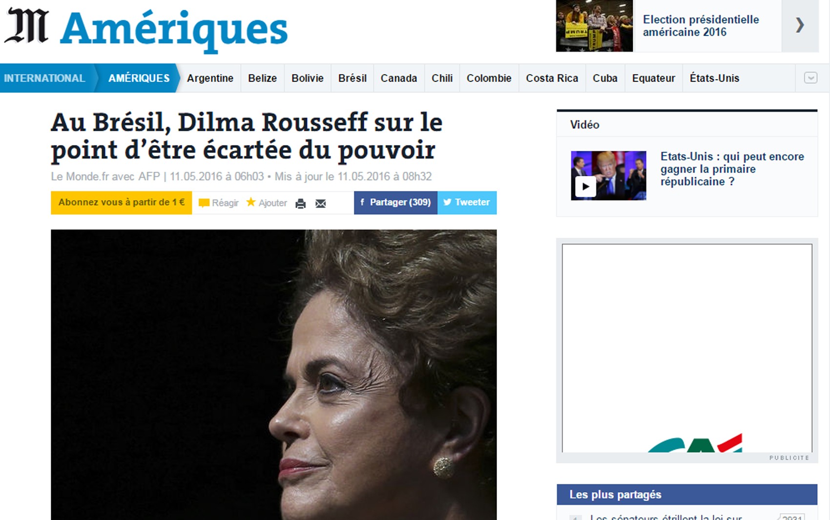 Le Monde afirma que Dilma Rousseff 'suas últimas horas no comando do país' (Foto: Reprodução/G1)