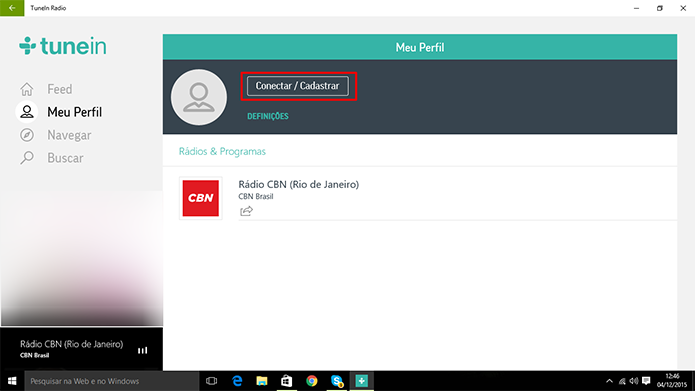 TuneIn para PC pode ter perfil cadastrado para sincronizar informações com celular (Foto: Reprodução/Elson de Souza)
