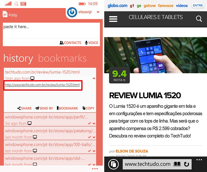 Kopy mostra histórico de links e mensagens trocadas entre computador e smartphone (Foto: Reprodução/Elson de Souza)
