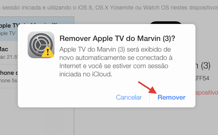 Confirmando a remoção de um dispositivo conectado a uma conta do iCloud pela web (Foto: Reprodução/Marvin Costa)