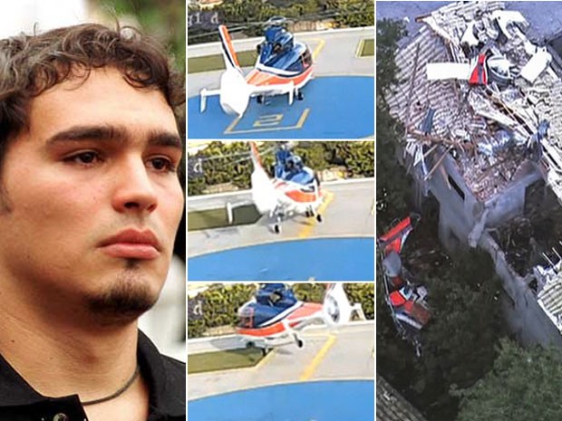 Thomas Alckmin, filho do governador Geraldo; imagem do helicóptero antes de decolar; e foto dos destroços da aeronave em Carapicuíba (Foto: Arquivo/Beto Barata/Estadão Conteúdo, imagens TV Globo)