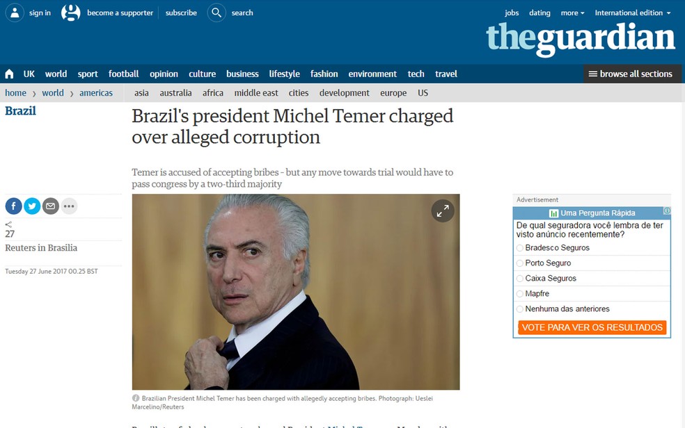 Jornal britânico 'The Guardian' noticia acusação contra Michel Temer (Foto: Reprodução/The Guardian)