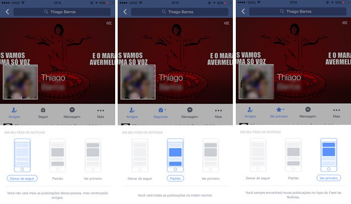 Opções para aparacer postagens ou não de um perfil no feed de notícias no Facebook para iOS (Foto: Reprodução/Aline Jesus)
