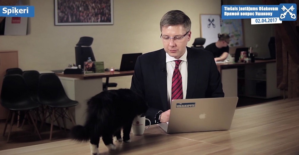 O gato Dumka aparece sobre a mesa do prefeito Nils Usakovs e bebe água.  (Foto: Nils Usakovs via AP)