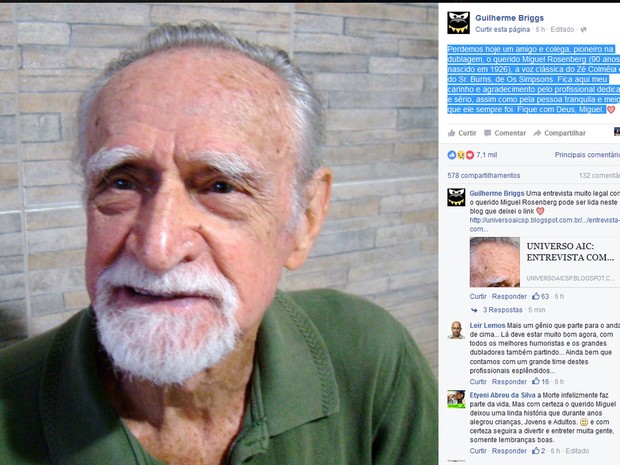 Também dublador Guilherme Briggs postou homenagem a Miguel Rosenberg (Foto: Reprodução/Facebook)