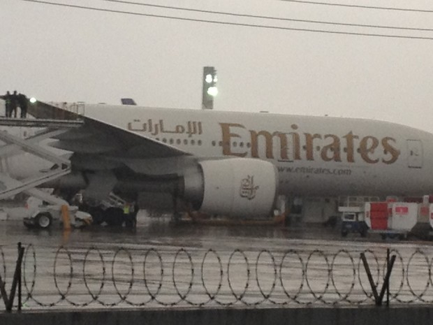 Funcionários da Emirates verificam o problema na asa atingida (Foto: Gabriel Barreira / G1)