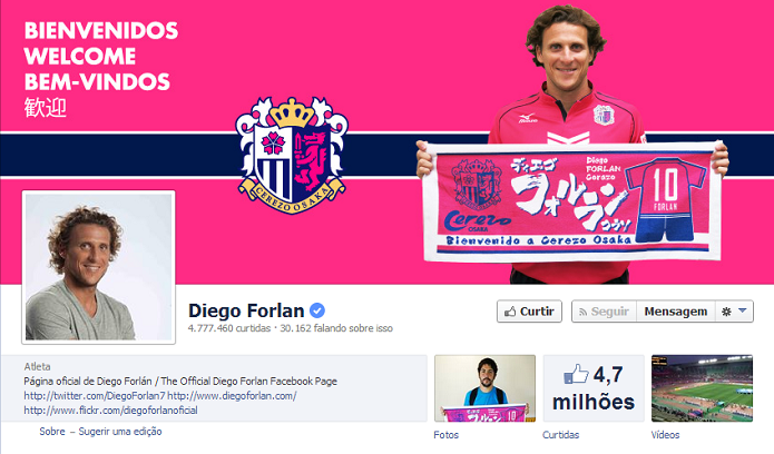 Diego Forlan do Cerezo Osaka tem 4,756,923 de fãs no Facebook (Foto: Reprodução/Facebook)