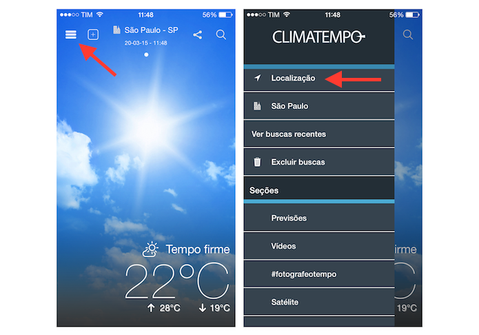 Acessando a previsão do tempo de acordo com a sua localização no Clima Tempo para iPhone (Foto: Reprodução/Marvin Costa)