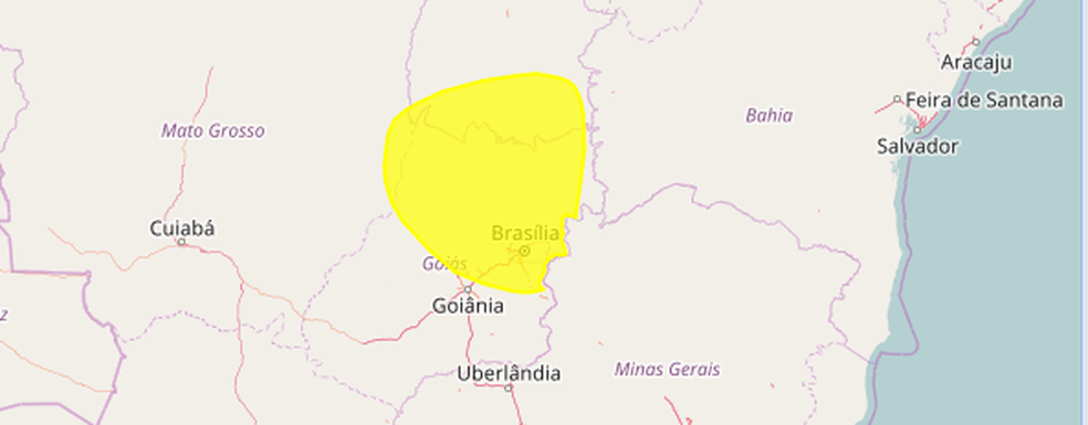 O alerta amarelo atinge o DF e toda a região norte de Goiás (Foto: INMET/Reprodução)