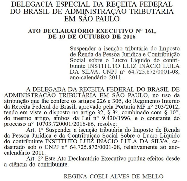 Deciso da Receita Federal que suspende iseno tributria do Instituto Lula (Foto: Reproduo/DOU)