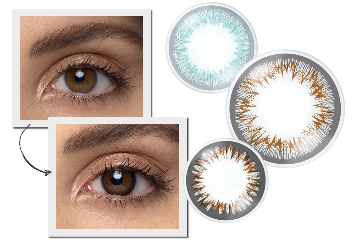 A lente de contato que realça os olhos, sem alterar a cor, além de corrigir o grau (Foto: Henrique Gendre / Arquivo Vogue, Thinkstock e Divulgação)