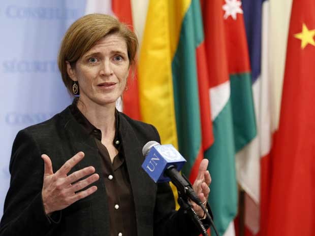 A embaixadora dos EUA, Samantha Power, fala à imprensa no final de reunião do Conselho de Segurança sobre a crise na Ucrânia, na sede da ONU em Nova York. (Foto: Eduardo Munoz / Reuters)