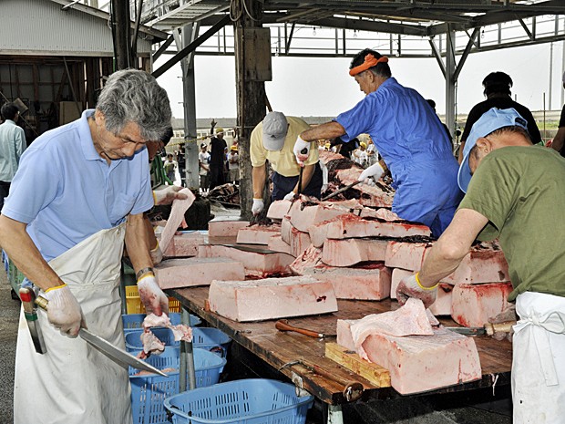 Pescadores japoneses cortam blocos de carne de uma baleia-nariz-de-garrafa de 10 metros de comprimento, abatida para venda em Minami-Boso, a leste de Tquio, em junho de 2008 (Foto: Yoshikazu Tsuno/Arquivo AFP)