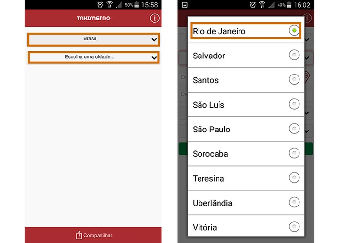 Selecione o país e estado no app Taxímetro pelo celular (Foto: Reprodução/Barbara Mannara)