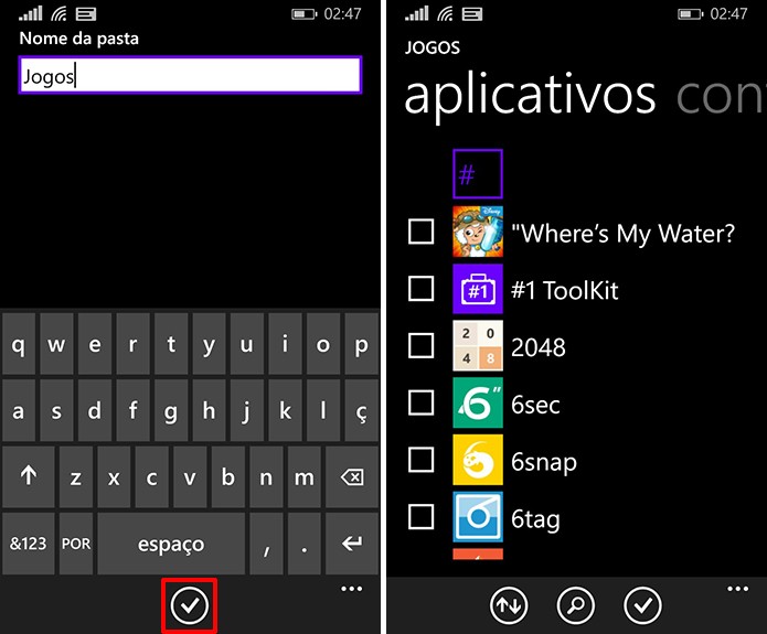Nomeie sua pasta e comece a adicionar aplicativo para agrupá-los na tela inicial do Windows Phone (Foto: Reprodução/Elson de Souza)
