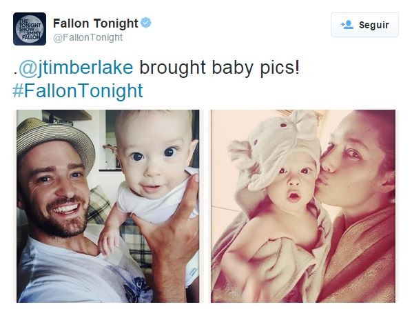 Jimmy Fallon posta foto de Justin Timberlake e Jessica Biel com o filho (Foto: Twitter / Reprodução)