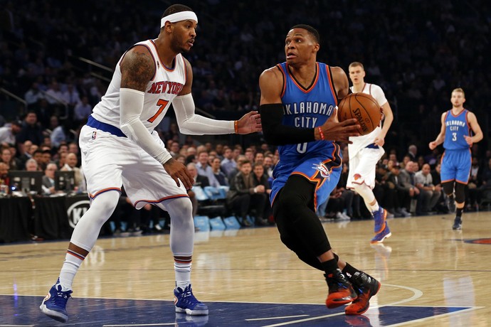 Russell Westbrook no jogo do Thunder contra os Knicks (Foto: Reuters)