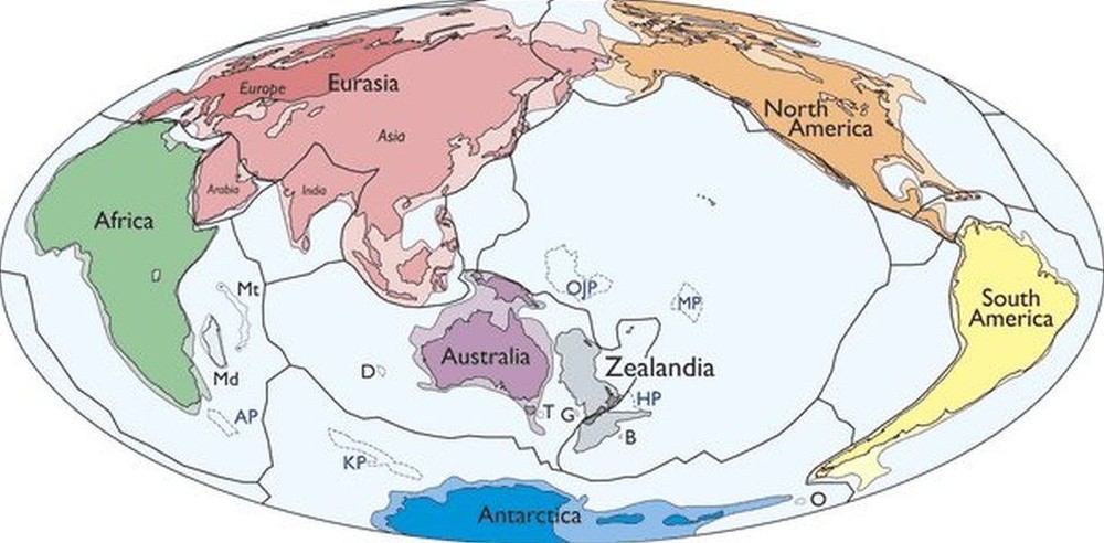 No mapa acima, publicado no 'Geological Society of America's Journal', os sete continentes conhecidos dos geólogos mais a Zelândia (Foto: GNS)