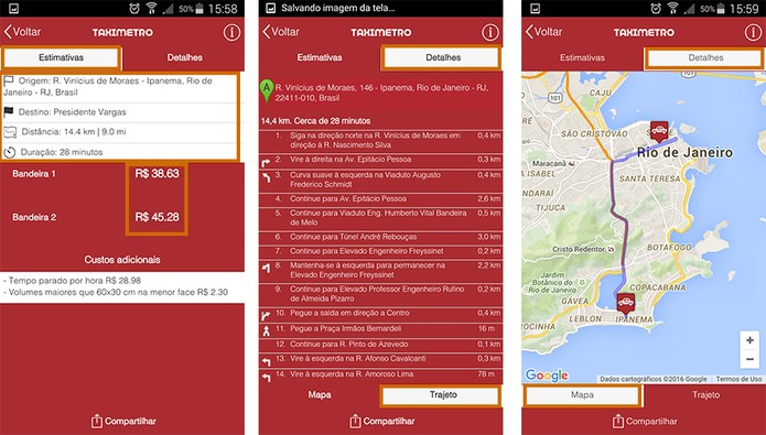 O resultado mostra o preço estimado para a corrida, detalhes do trajeto e mapa no app (Foto: Reprodução/Barbara Mannara)