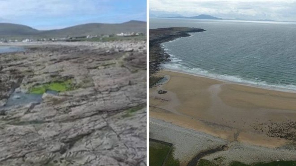 O antes e depois da praia de Dooagh: à esquerda, como ela ficou após as tempestades de 1984; à direita, a nova praia que surgiu no local. (Foto: Divulgação/Achill Island Tourist Office)