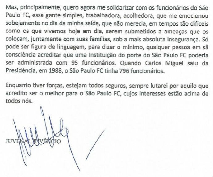 Carta de Juvenal Juvêncio rebatendo críticas de Carlos Miguel Aidar (Foto: reprodução)