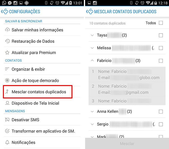 Analise os contatos duplicados no Contacts+ antes de mesclá-los (Foto: Reprodução/Elson de Souza)
