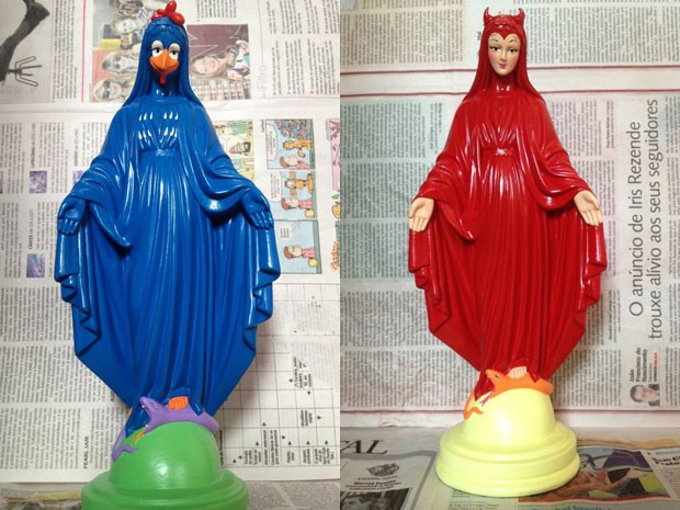 Imagens de Nossa Senhora que ganharam versão estilizada de Galinha Pintadinha e diabinha em loja de Brasília (Foto: Ana Smile/Divulgação)