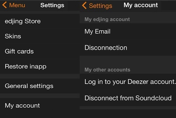 Para fazer o login no Deezer, clique em Menu> My account > Log in with Dizzer Account (Foto: Reprodução/Lú Favero) Para fazer o login no Deezer, clique em Menu> My account > Log in with Dizzer Account (Foto: Reprodução/Lú Favero)