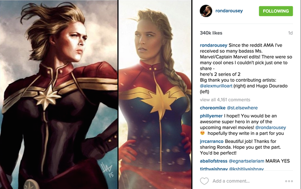 Montagem de fãs mostra Ronda Rousey caracterizada como a Capitã Marvel