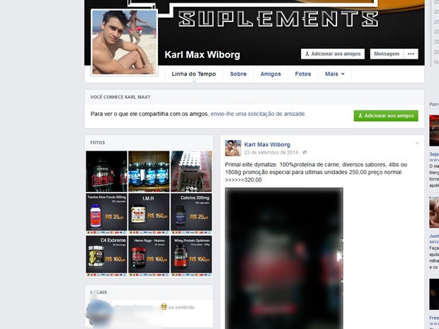 Estudante usava perfil em rede social para vender suplementos e produtos (Foto: Reprodução/Facebook)