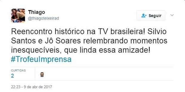 Internautas elogiam reecontro de Jô Soares e Silvio Santos no Troféu Imprensa (Foto: Reprodução / Twitter)