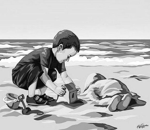 Ilustração homenageia Aylan Kurdi, menino sírio que morreu em praia na Turquia (Foto: Reprodução/Twitter)