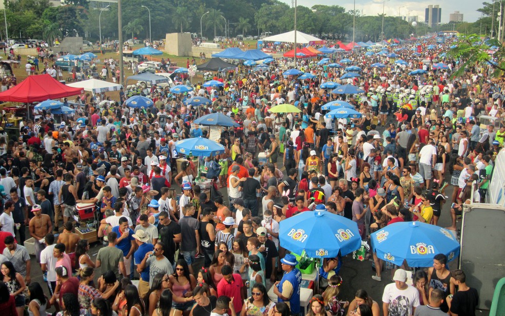Foliões lotam Eixão Sul, na altura da quadra 106, no bloco Raparigueiros (Foto: Jéssica Nascimento/G1)