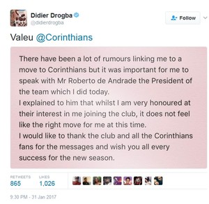Drogba rede social Corinthians (Foto: Reprodução/Twitter)