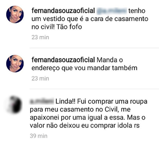 Fernanda Souza doa vestido para seguidora (Foto: Reproduo/Instagram)