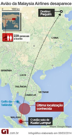 mapa avião desaparecido malásia - VALE ESTE (Foto: Arte/G1)