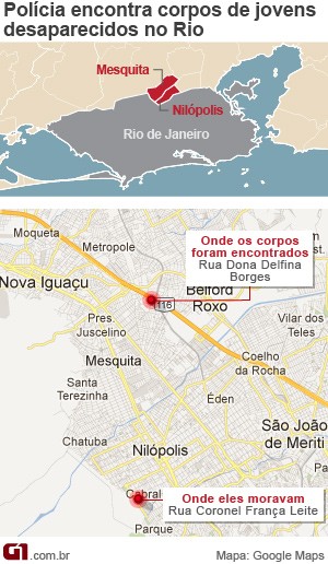Veja onde foram encontrados os corpos dos seis jovens desaparecidos em Mesquita, no Rio de Janeiro (Foto: Editoria de Arte/G1)