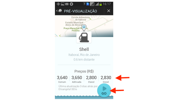 Verificando os preços de combustível praticados por um posto de gasolina através do Waze para (Foto: Reprodução/Marvin Costa) Verificando os preços de combustível praticados por um posto de gasolina através do Waze para (Foto: Reprodução/Marvin Costa)