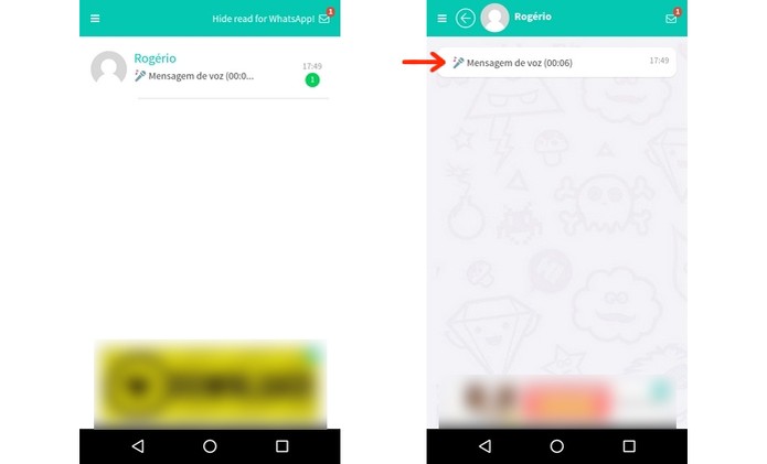 Mensagem de áudio do WhatsApp exibida no chat do Hide Read (Foto: Reprodução/Raquel Freire) Mensagem de áudio do WhatsApp exibida no chat do Hide Read (Foto: Reprodução/Raquel Freire)
