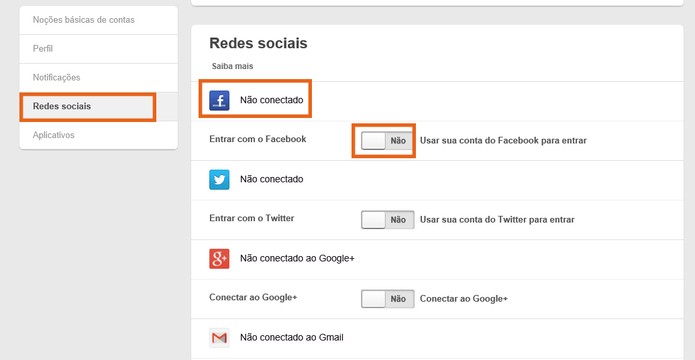 Ative a chave em Facebook para integrar a conta (Foto: Reprodução/Barbara Mannara)