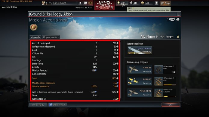 As partidas do game proporcionam créditos e pontos de experiência e de pesquisa ajudando a debloquear novos aviões (Foto: Reprodução/Daniel Ribeiro)